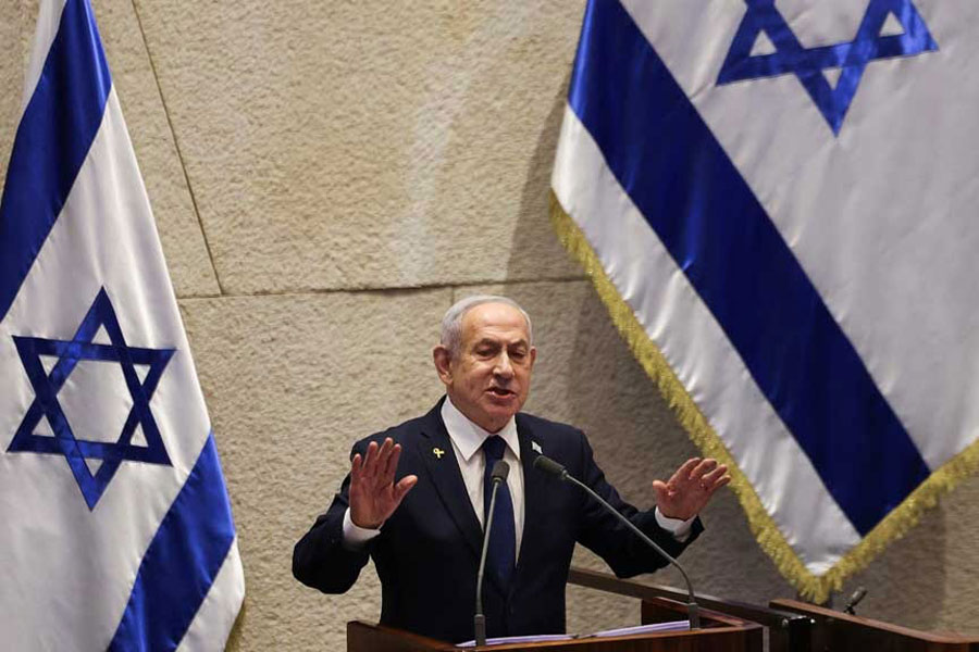 Israeli Prime Minister Benjamin Netanyahu speaks at the plenum of the Knesset, Israel's parliament, in Jerusalem, November 10, 2025.