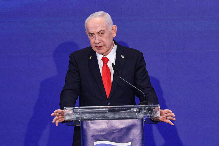 Israeli Prime Minister Benjamin Netanyahu speaks during a joint press conference with Cypriot President Nikos Christodoulides and Greek Prime Minister Kyriakos Mitsotakis (not pictured) after a trilateral meeting at the Citadel of David Hotel, in Jerusalem, Dec 22, 2025.