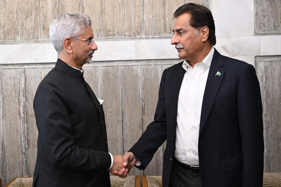 India’s External Affairs Minister S Jaishankar and Pakistan National Assembly Speaker Sardar Ayaz Sadiq exchange greetings after meeting at the Parliament Complex in Dhaka on Wednesday.
