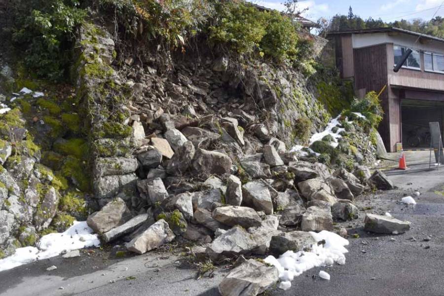 A collapsed stone wall after an earthquake hit the region in Houki, Tottori prefecture, western Japan, Jan 6, 2026, in this photo taken by Kyodo.
