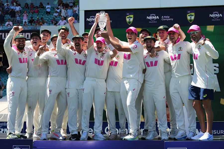 Australian team celebrate with the Ashes trophy following the final Ashes cricket test between England and Australia in Sydney, Australia on Thursday, January 8, 2026 — AP photo