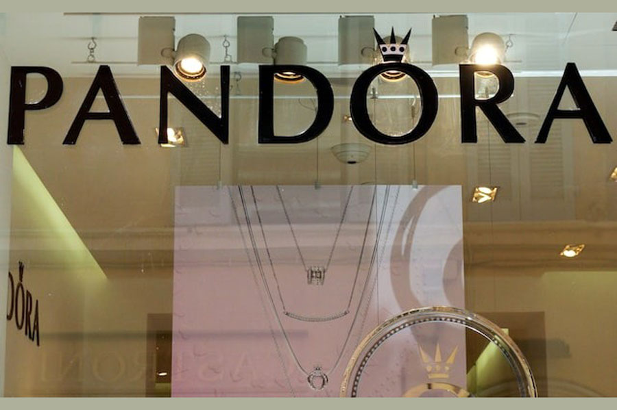 The Pandora logo is seen in jewellery shop in downtown Rome, Italy, August 7, 2018.