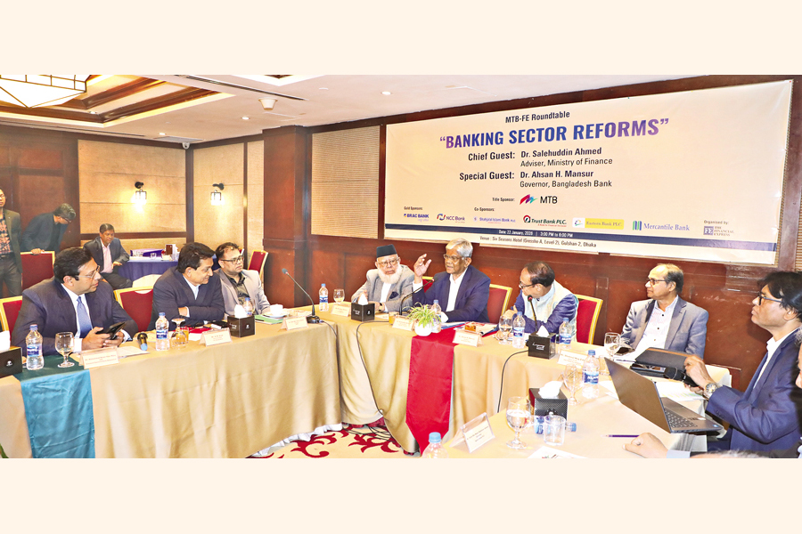 Finance Adviser Dr Salehuddin Ahmed speaks at a roundtable on banking-sector reforms as the chief guest at a hotel in the capital on Thursday. Bangladesh Bank Governor Dr Ahsan H Mansur, International Chamber of Commerce Bangladesh President Mahbubur Rahman, and The Financial Express Editor Shamsul Huq Zahid, among others, participated in the event organised by The Financial Express. — FE Photo