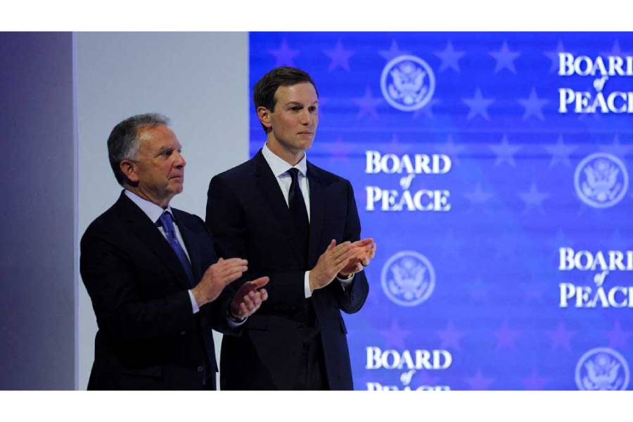 US President Donald Trump's son-in-law, Jared Kushner, and US Special Envoy Steve Witkoff take part in a charter announcement for US President Donald Trump's Board of Peace initiative aimed at resolving global conflicts, alongside the 56th annual World Economic Forum (WEF), in Davos, Switzerland, Jan 22, 2026.