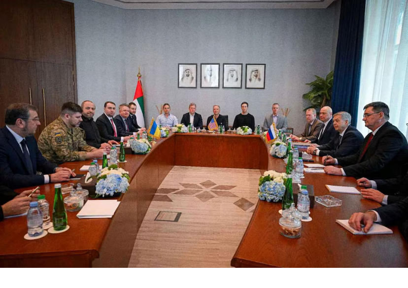 The members of delegations participating in the UAE hosted trilateral talks between the U.S., Russia and Ukraine, Director of the Office of the President of Ukraine Kirill Budanov, United States Special Envoy Steve Witkoff, Secretary of the National Security and Defense Council of Ukraine Rustem Umerov, Chief of the Main Directorate of the General Staff of the Russian Armed Forces Igor Kostyukov and Jared Kushner attend a meeting at Al Shati Palace in Abu Dhabi, United Arab Emirates, January 24, 2026. Uae Government/Handout via REUTERS