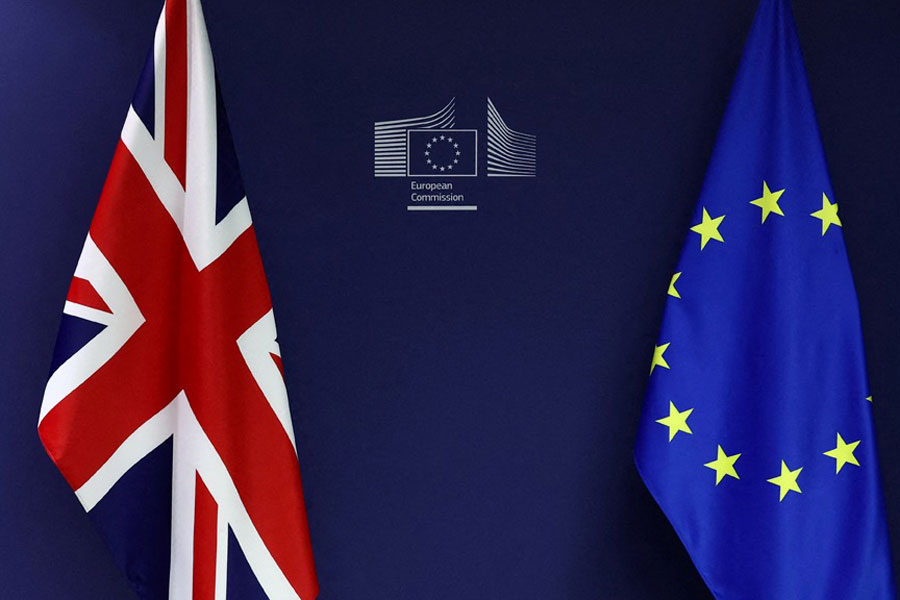 British and EU flags hang on the day of a meeting of British Prime Minister Keir Starmer with European Commission President Ursula von der Leyen, in Brussels, Belgium Oct 2, 2024.