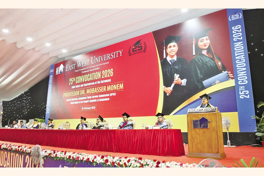 Prof Mobasser Monem, Chairman of the Bangladesh Public Service Commission (BPSC), speaking at the 25th Convocation of East West University in the city on Monday. — FE Photo