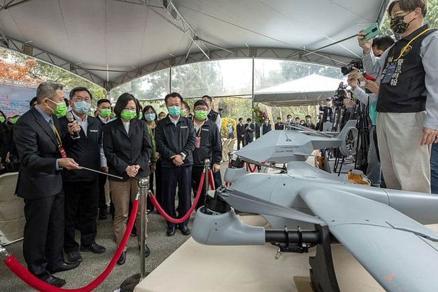 Taiwan President Tsai Ing-wen inspects a display of drones at an aerospace park of the National Chung-Shan Institute of Science and Technology in Chiayi, Taiwan, in this handout image released Jan 22, 2021.