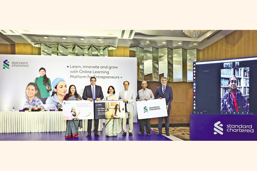 Standard Chartered Bangladesh launched Online Learning Platform for Entrepreneurs at a city hotel on Tuesday. Education Minister Dr Dipu Moni virtually launched the platform as the chief guest. Naser Ezaz Bijoy, Chief Executive Officer of the bank, MIDAS Chairman Zahida Ispahani and Executive Director of UCEP Bangladesh Dr Md Abdul Karim were present.