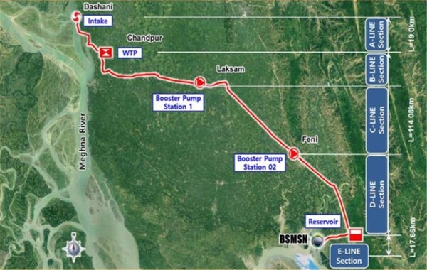 The location and pipelines of a water development project in the BSMSN Economic Zone in Bangladesh