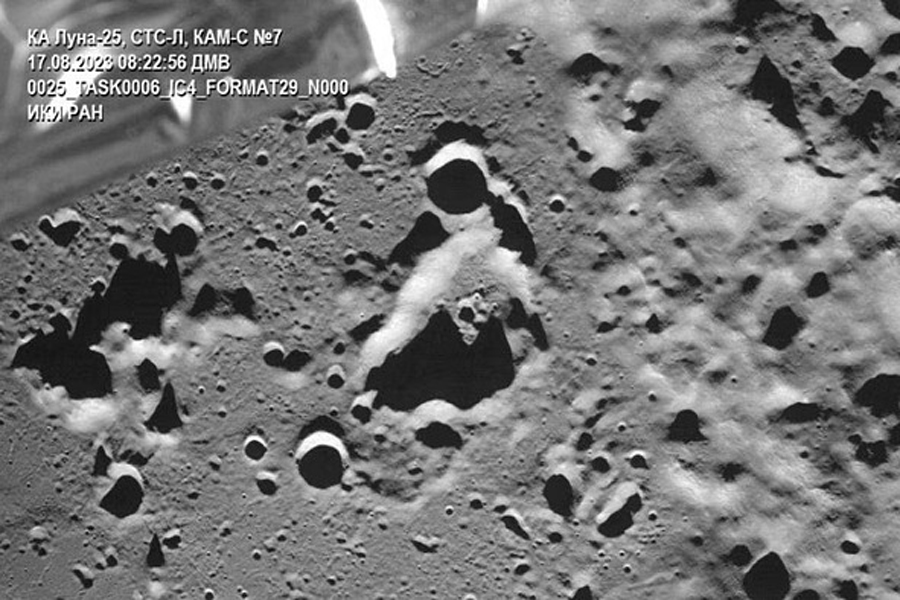 A picture taken from the camera of the lunar landing spacecraft Luna-25 shows the Zeeman crater located on the far side of the moon, Aug 17, 2023.
