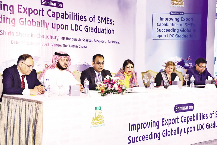 Guests and participants seen at a seminar on "Improving export capabilities of SMEs: succeeding globally upon LDC graduation" organised by Dhaka Chamber of Commerce & Industry (DCCI) on Saturday. Speaker Dr Shirin Sharmin Chaudhury was present as the chief guest.