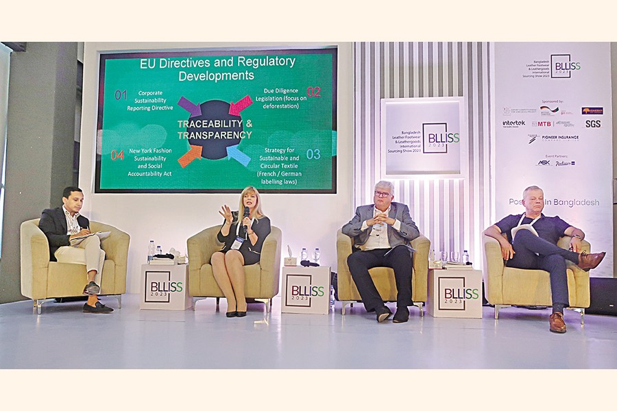 Deborah Taylor (2nd from left), managing director of Sustainable Leather Foundation (SLF), speaking at a discussion on 'Leather: The Truly Sustainable Material' during the 4th Bangladesh Leather Footwear & Leathergoods International Sourcing Show (BLISS-2023) at International Convention City Bashundhara in the city on Friday. Ibnul Wara, managing director of Austan Ltd, Werner Lange, coordinator of Textile Cluster, GIZ, and Carl Flach, supervisory board member of Leather Naturally and senior director operational strategies, international tanning group, ISA TanTec, were present —FE photo
