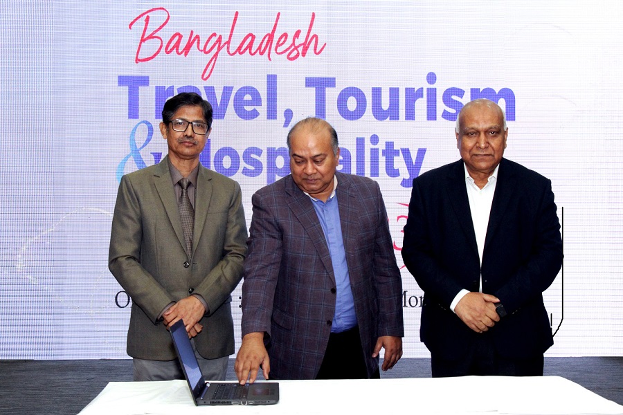Professor ShibliRubayetUl Islam, Chairman, Bangladesh Securities and Exchange Commission, Abu Tahir MuhammaddZaber, CEO, Bangladesh Tourism Board, and KaziWahidulAlam, Editor, The Bangladesh Monitor formally launching the ‘Bangladesh Travel, Tourism, and Hospitality Awards’, first of its kind in Bangladesh at a ceremony held at BICC, Dhaka today, 11 November 2023.