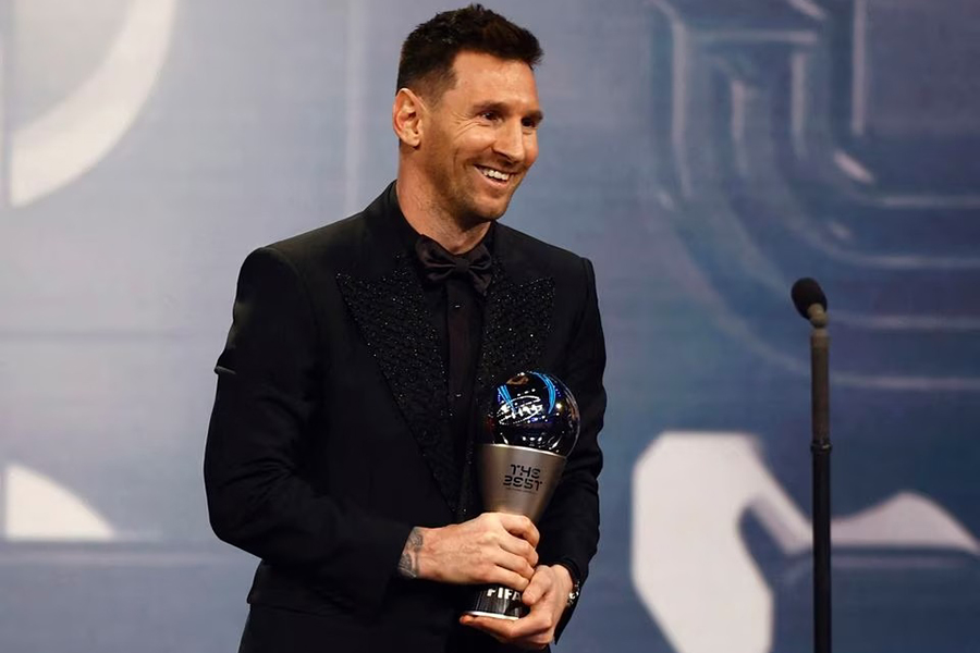 Paris St Germain's Lionel Messi poses with The Best FIFA Player award at Salle Pleyel in Paris, France on February 27, 2023 — Reuters photo