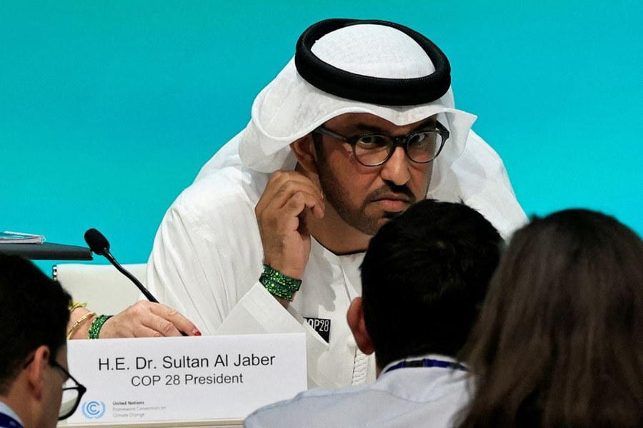 United Arab Emirates Minister of Industry and Advanced Technology and COP28 President Sultan Ahmed Al Jaber looks on during a press conference at the United Nations Climate Change Conference (COP28) in Dubai, United Arab Emirates, December 4, 2023.