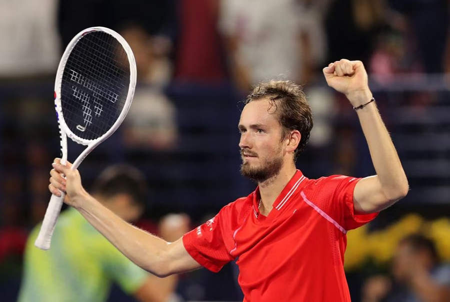 Russia's Daniil Medvedev celebrates winning his semi final match of Dubai Tennis Championships against Serbia's Novak Djokovic at The Dubai Duty Free Tennis Centre in Dubai, United Arab Emirates on March 3, 2023