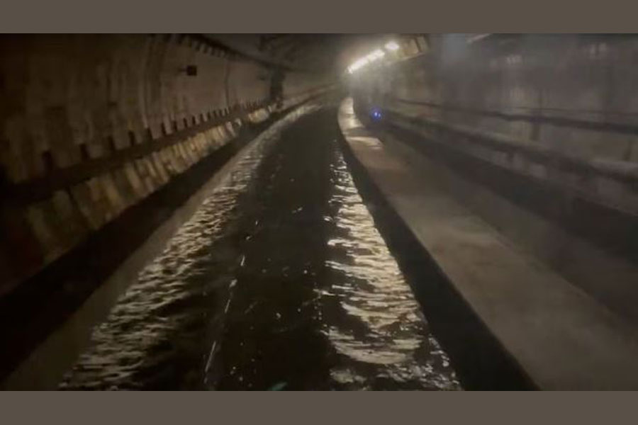 A view of a flooded tunnel near Ebbsfleet, Kent, Britain, December 29, 2023, in this screen grab obtained from a handout video. SouthEastern Railway/Handout via REUTERS