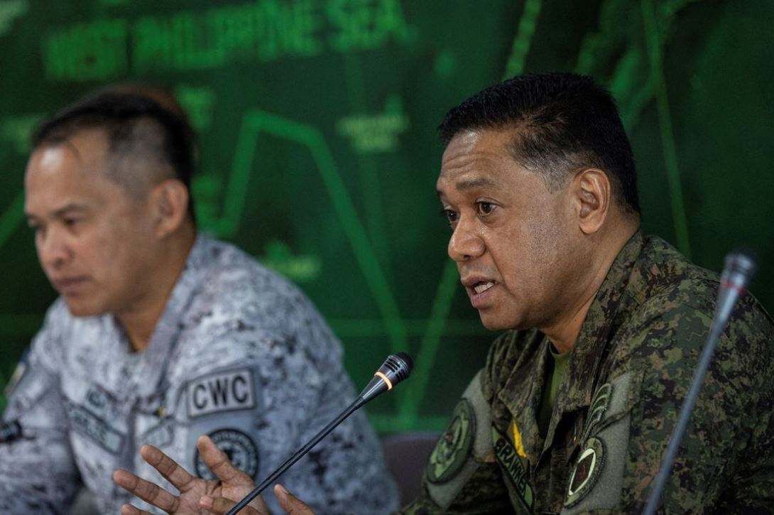 Armed Forces of the Philippines Chief of Staff General Romeo Brawner Jr. speaks to the media beside Western Command chief Vice Admiral Alberto Carlos during a press briefing at Western Command in Puerto Princesa, Palawan, Philippines, August 10, 2023. REUTERS/Eloisa Lopez/File Photo