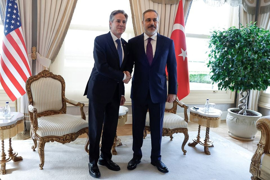 US Secretary of State Antony Blinken shakes hands with Turkish Foreign Minister Hakan Fidan, at Vahdettin, a private residence of the Presidency, in Istanbul, Turkey, January 6, 2024.