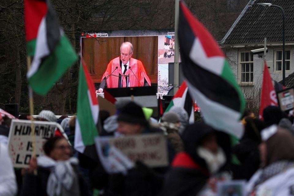 A view of a live broadcast displayed on a street as pro-Palestinian demonstrators protest near the International Court of Justice (ICJ) on the day judges hear a request for emergency measures to order Israel to stop its military actions in Gaza, in The Hague, Netherlands on January 11, 2024 — Reuters photo