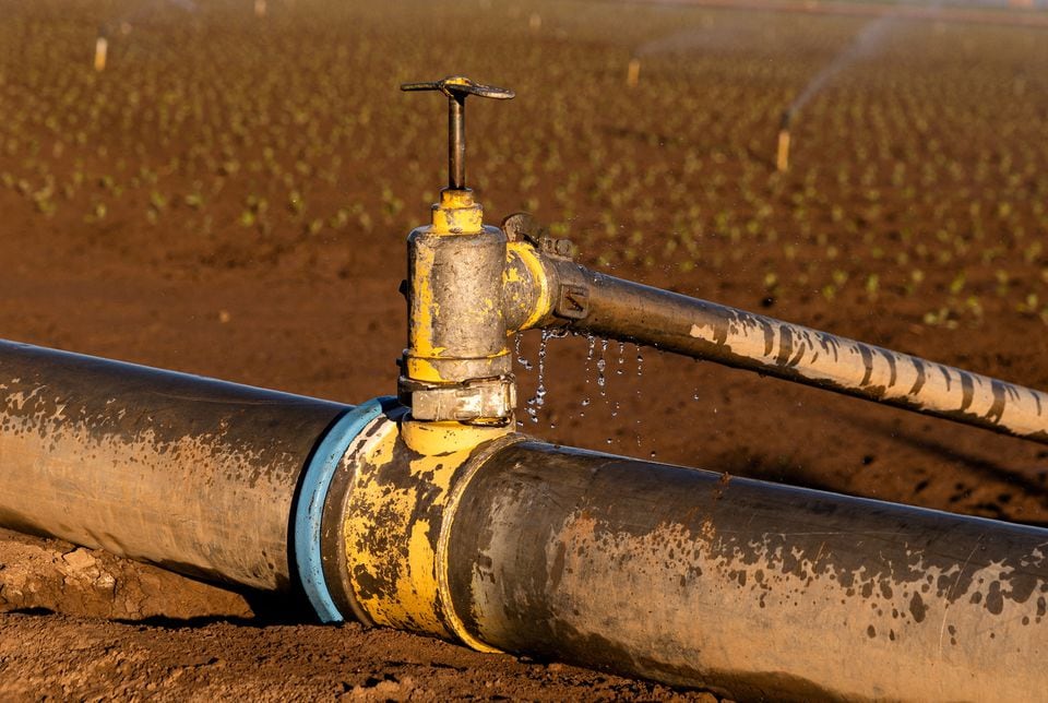Water drips from an irrigation pipeline in Imperial Valley, California, US, December 5, 2022. REUTERS/Caitlin Ochs/File Photo