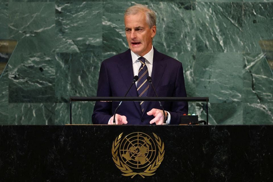 Prime Minister of Norway Jonas Gahr Stoere addresses the 77th Session of the United Nations General Assembly at UN Headquarters in New York City, US, September 22, 2022.