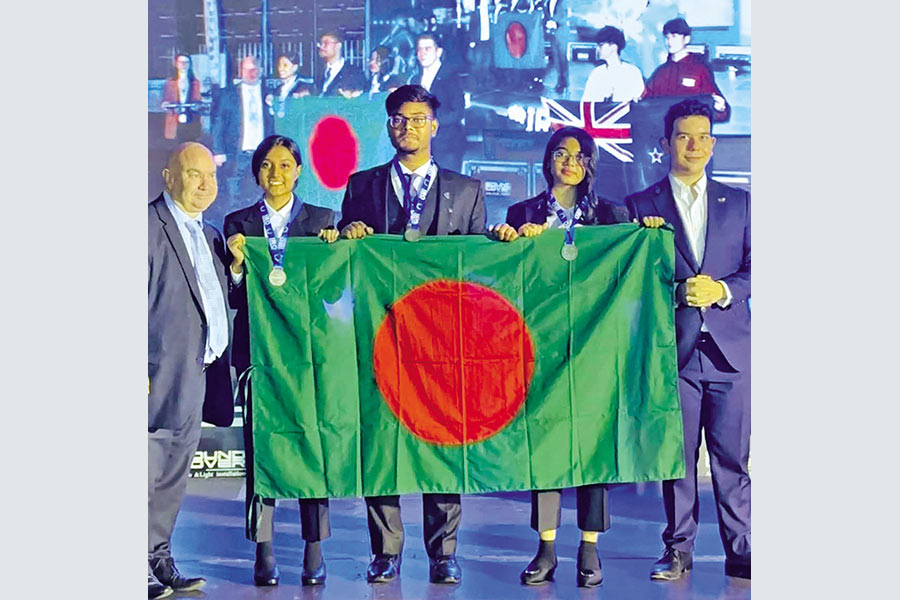 Members of Team Aficionados from Bangladesh at the International Robotics Olympiad held in Greece recently