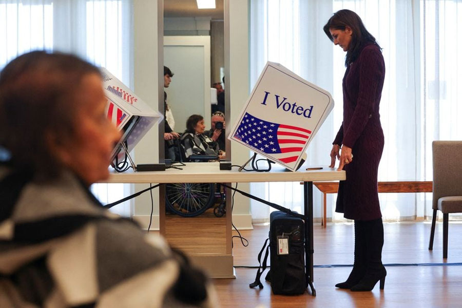 Republican presidential candidate and former US Ambassador to the United Nations Nikki Haley casts her vote in the South Carolina Republican presidential primary election on Kiawah Island, South Carolina, US, February 24, 2024.