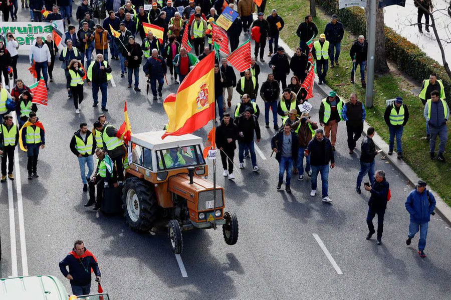 Spanish farmers protest over price pressures, taxes and green regulation and grievances shared by farmers across Europe, at Paseo de la Castellana street in Madrid, Spain, February 26, 2024.
