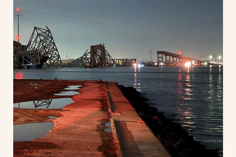 A view of the collapsed Francis Scott Key Bridge in Baltimore, March 26, 2024. Harford County MD Fire & EMS/Handout