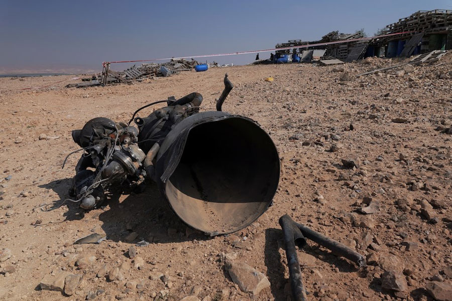 The remains of a rocket booster that, according to Israeli authorities critically injured a 7-year-old girl, after Iran launched drones and missiles towards Israel, near Arad, Israel, April 14, 2024.