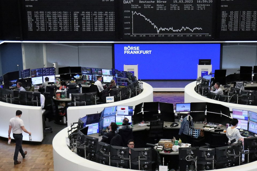 The German share price index DAX graph is pictured as stocks slid following the shares of Credit Suisse hit a record low in a rout of European bank stocks, as investor concerns about sector stresses triggered by Silicon Valley Bank’s implosion deepened, at the stock exchange in Frankfurt, Germany, March 15, 2023.
