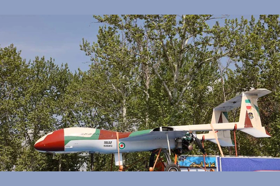 An Iranian drone is seen during the National Army Day parade ceremony in Tehran, Iran, April 17, 2024.