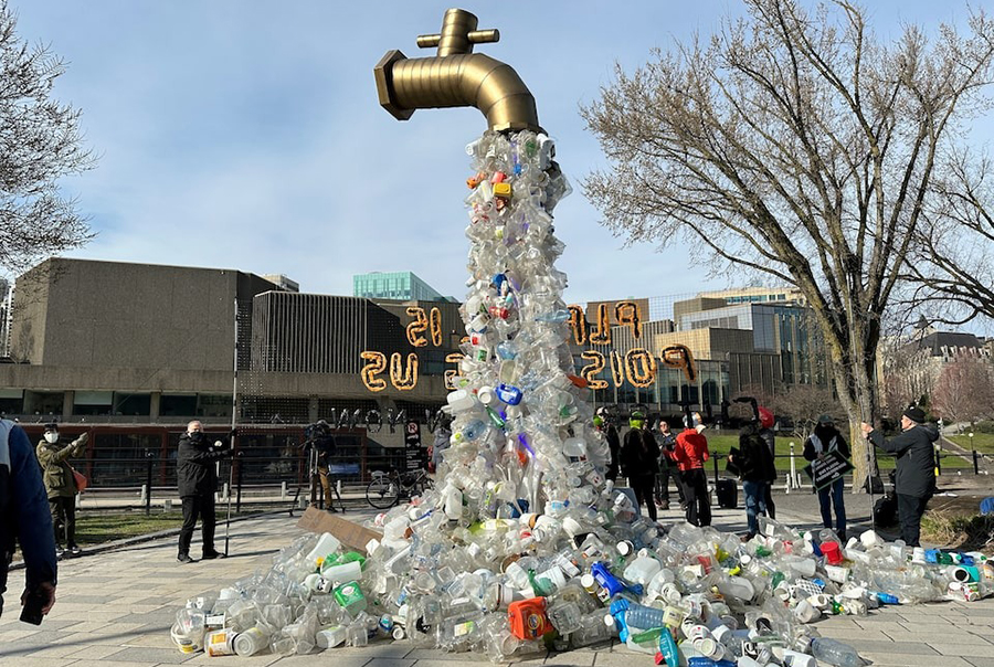 A prop depicting a water tap with cascading plastic bottles is displayed by activists near the Shaw Centre venue of penultimate negotiations for the first-ever global plastics treaty, in Ottawa, Ontario, Canada on April 23, 2024 — Reuters photo