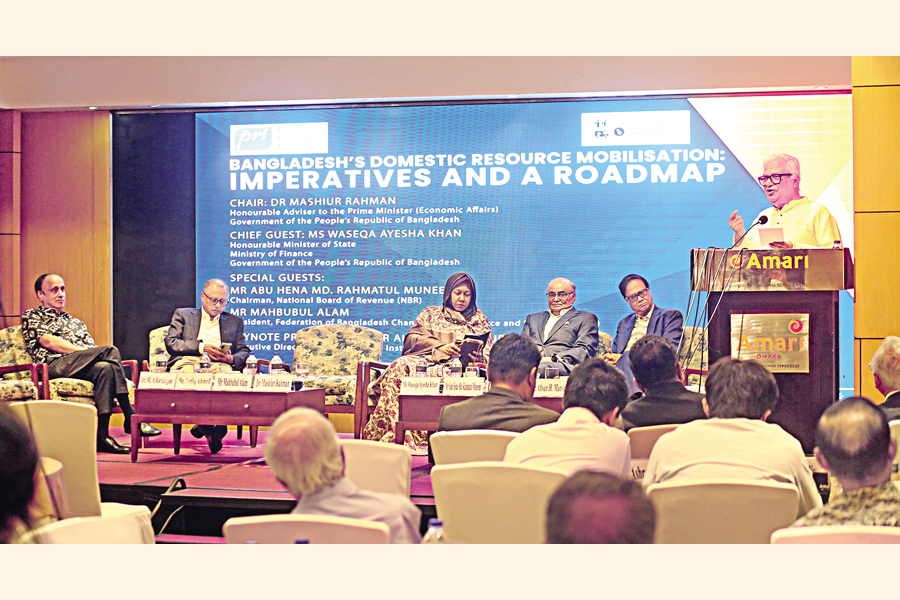 PM's Economic Affairs Adviser Dr Mashiur Rahman, State Minister for Finance Waseqa Ayesha Khan, PRI Chairman Dr Zaidi Sattar, PRI Executive Director Dr Ahsan H Mansur and other guests at a discussion on 'Bangladesh's Domestic Resource Mobilisation: Imperatives and a Roadmap' organised by the PRI in Dhaka on Tuesday. — FE photo