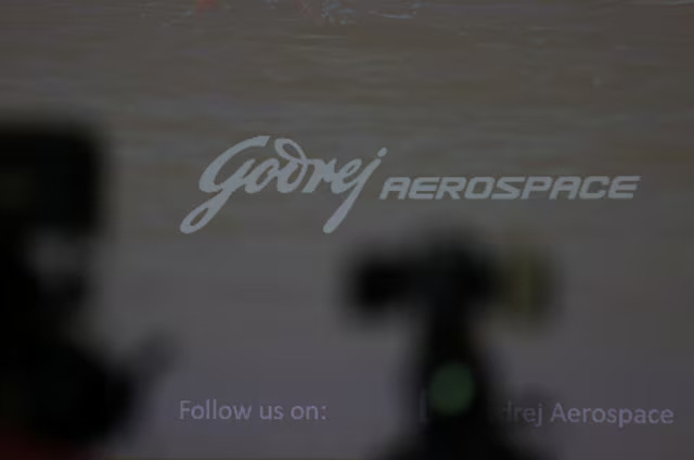 A Godrej Aerospace logo is pictured during a press conference outside the plant in Mumbai, India on July 10, 2023 — Reuters/File