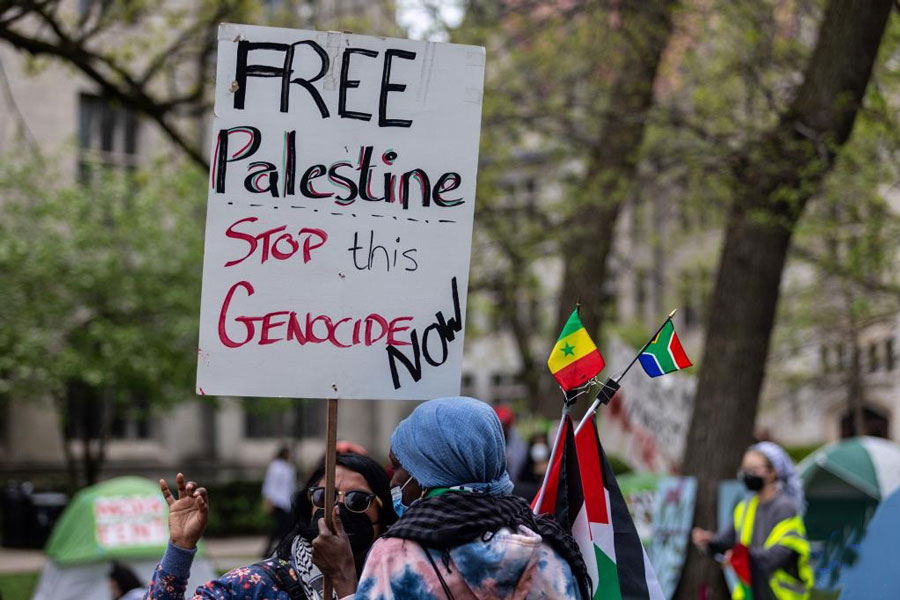A "Free Palestine" sign is seen at a pro-Palestine encampment on campus of the University of Chicago (UChicago) in Chicago, the United States, on April 29, 2024. Hundreds of UChicago students set up an encampment in the centre of the campus on Monday, joining groups on over 100 university campuses across the United States in support of Palestinians