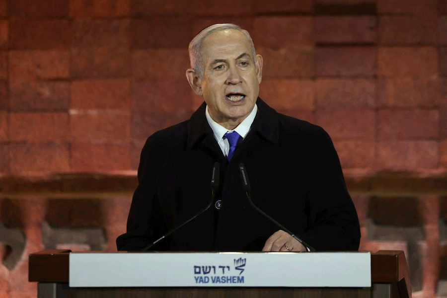 Israeli Prime Minister Benjamin Netanyahu speaks during the opening ceremony marking Israel's national Holocaust Remembrance Day at Yad Vashem, the World Holocaust Remembrance Center, in Jerusalem, May 5, 2024.