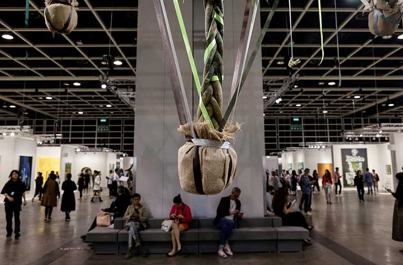 An installation titled "Mr Cuddles Under the Eave" by Trevor Yeung is displayed at Art Basel in Hong Kong, China, Mar 23, 2023. REUTERS