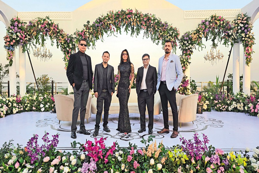 Blues Brothers & Soul Sister team in one frame--(from left) Imran Rabbani, Mithun Dey, Wahida Hussain, Bikash Roy, and Nahyan Imam