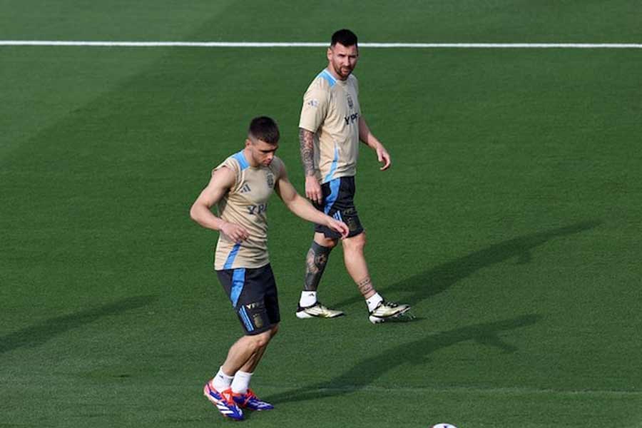 Argentina's Gio Lo Celso and Lionel Messi during training at Kennesaw University State Stadium in Georgia of United States on Monday ahead of their Copa America 2024 match against Canada –Reuters