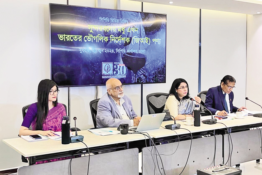 Centre for Policy Dialogue (CPD) Executive Director Fahmida Khatun speaking at a media briefing - 'Sundarban honey now India's Geographical Indication (GI) product' - at the CPD office in the capital on Wednesday. Story on page 8 — FE Photo