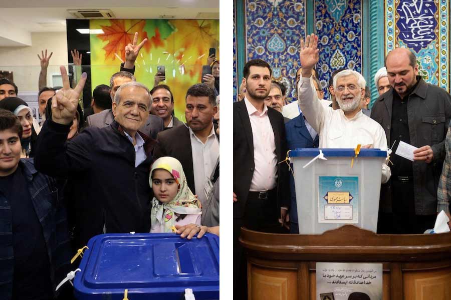 Iran’s presidential candidates Masoud Pezeshkian and Saeed Jalili casting votes in a snap presidential election in Tehran on Friday –Reuters photos