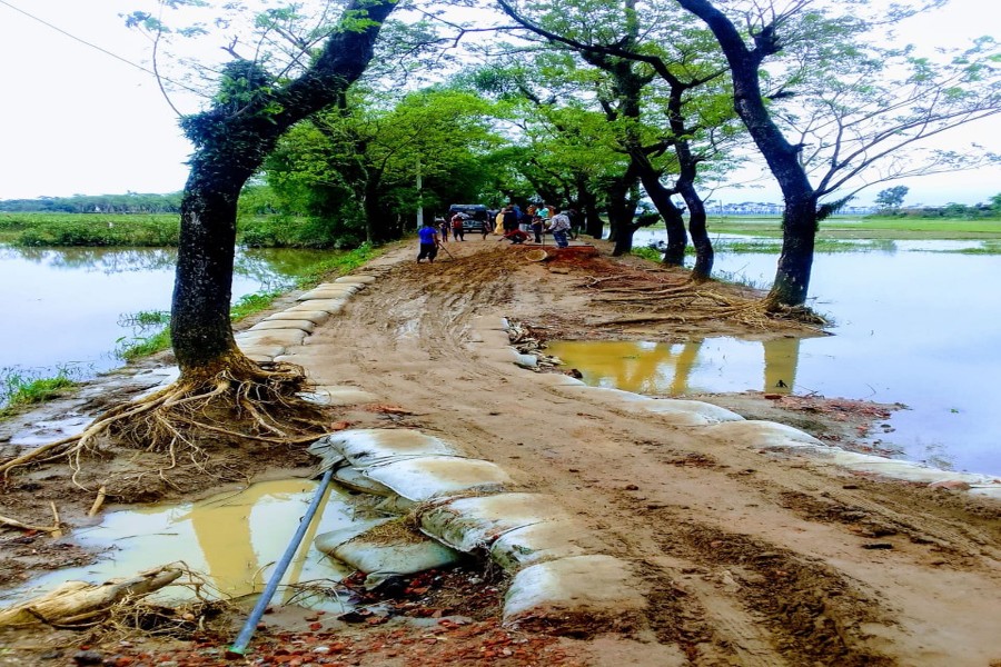The road stretch from Gowainghat Government College to Sonarhat border has been washed away by flood. Locals and auto-rickshaw drivers put sandbags to protect it — FE Photo