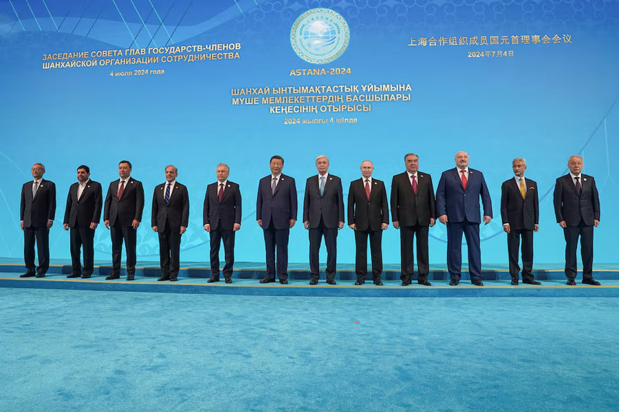 SCO Secretary-General Zhang Ming, Iranian Interim President Mohammad Mokhber, Kyrgyz President Sadyr Japarov, Pakistani Prime Minister Shehbaz Sharif, Uzbek President Shavkat Mirziyoyev, Chinese President Xi Jinping, Kazakh President Kassym-Jomart Tokayev, Russian President Vladimir Putin, Tajik President Emomali Rakhmon, Belarusian President Alexander Lukashenko, Indian Foreign Minister Subrahmanyam Jaishankar and Director of the SCO Regional Anti-Terrorist Structure (RATS) executive committee Ruslan Mirzayev take part in a photo ceremony at Shanghai Cooperation Organization (SCO) summit in Astana, Kazakhstan July 4, 2024.