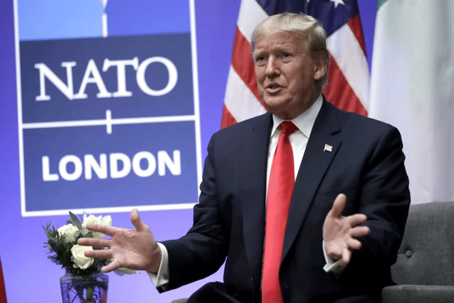 President Donald Trump speaks during the NATO summit, Dec 4, 2019, in Watford, England. NATO allies are gathering in Washington for a summit this week, and the prospect that former President Trump, the military alliance's most prominent critic, may return to power is dominating discussions. President Joe Biden's shaky performance in the presidential debate last month escalated doubts about his reelection. It's given rise to the term "Trump-proofing" or "future-proofing" NATO, making the alliance more self-sufficient.