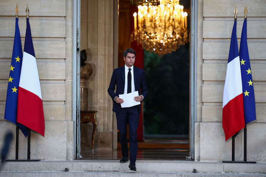 Gabriel Attal, French Prime Minister and French presidential majority group “Ensemble pour la Republique” candidate, arrives to deliver a speech after partial results in the second round of the early French parliamentary elections, at Hotel Matignon in Paris in Paris, France, July 7, 2024