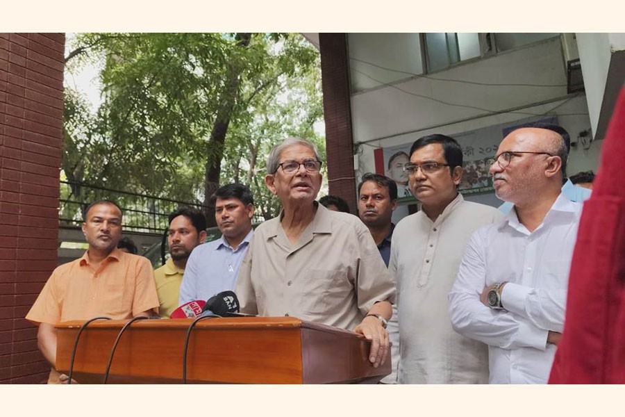 BNP Secretary General Mirza Fakhrul Islam Alamgir talking to journalists at the party chairperson's political office in the capital's Gulshan area after visiting Khaleda Zia at Evercare Hospital on Monday