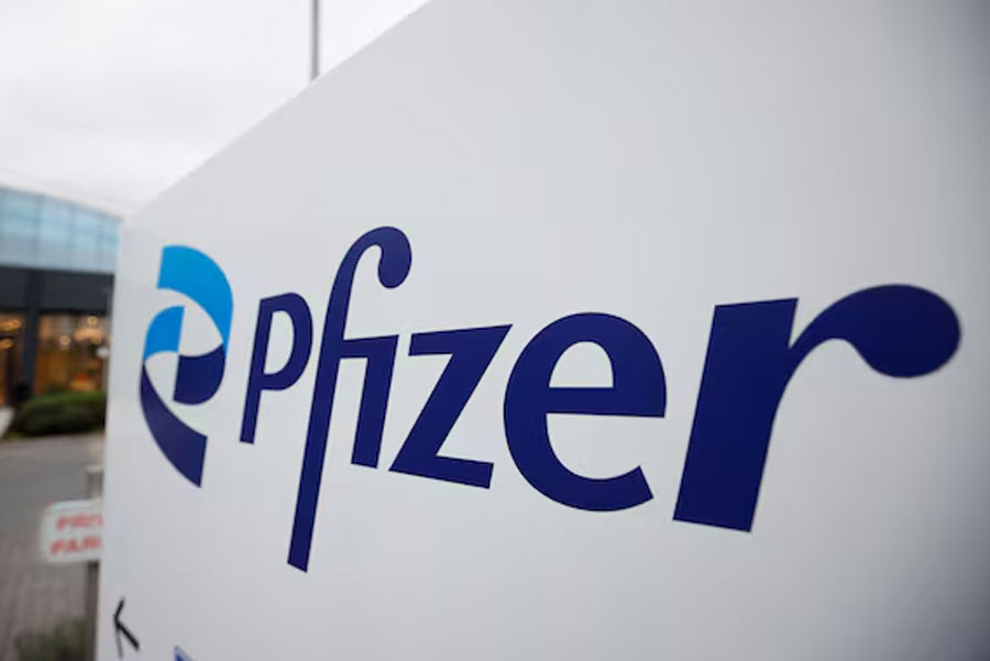 Pfizer company logo is seen at a Pfizer office in Puurs, Belgium, December 2, 2022.